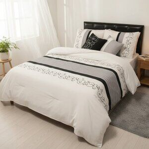 Elegant Embroided Reversable 5pcs Duvet Set White Blk Gray Queen/Double